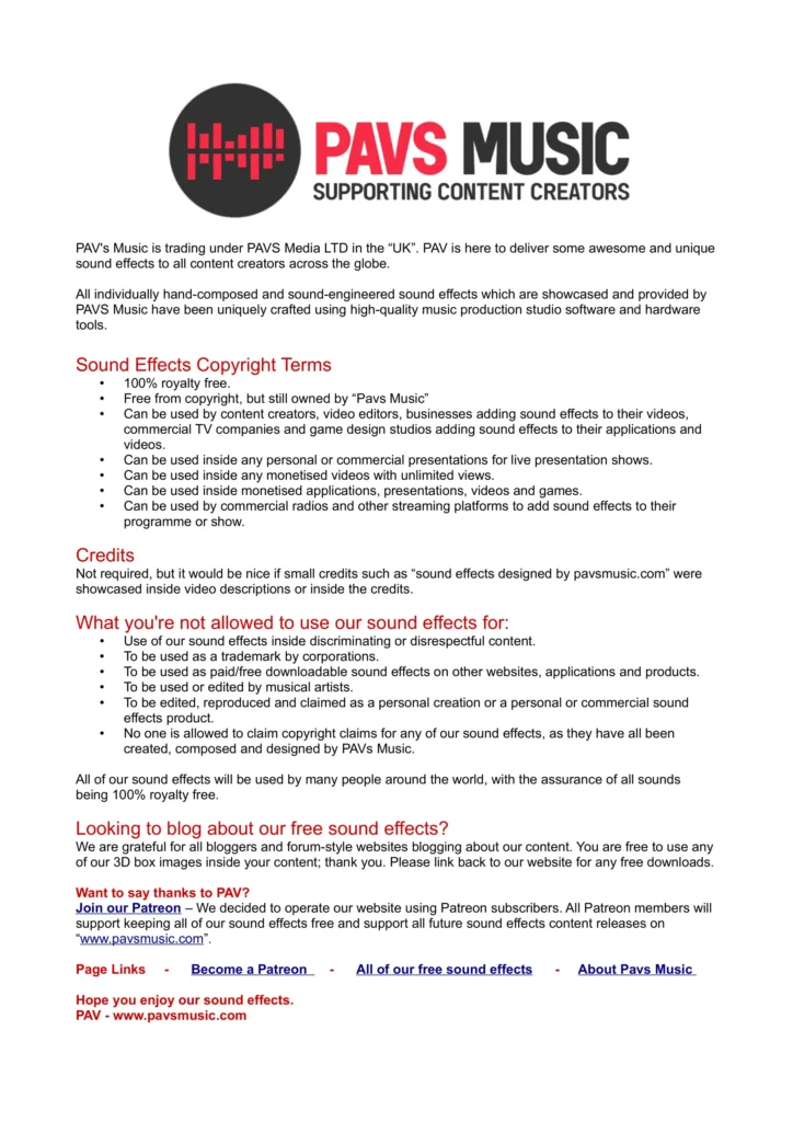 Sound effects copyright & license terms